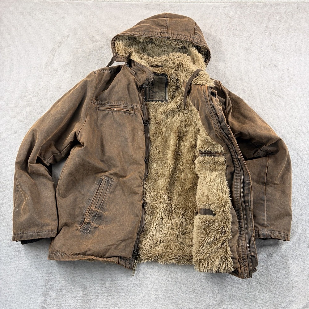 Vintage BKE Buckle Faux Fur Lined Hooded Jacket in Brown Men XL Heavyweight Y2K